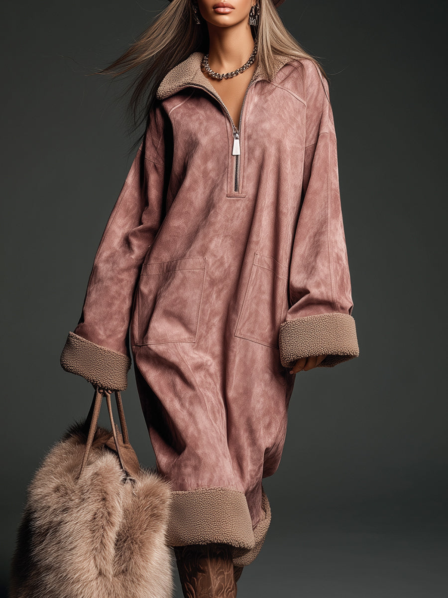 High-end Fashionable Beige Polar Fleece Pink Faux Suede Midi Dress