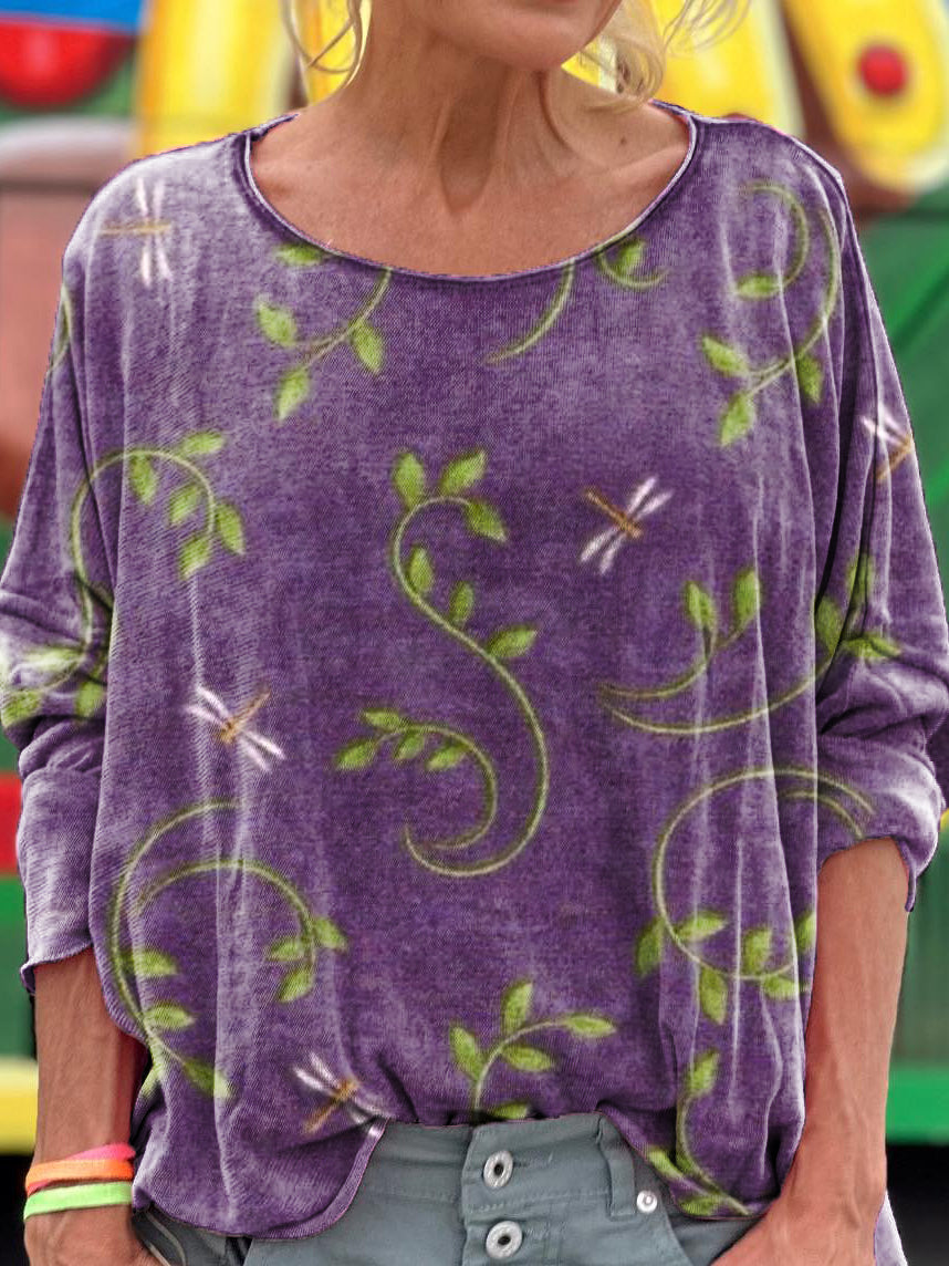 Women's Floral Dragonfly Art Print Casual Long Sleeve T-shirt