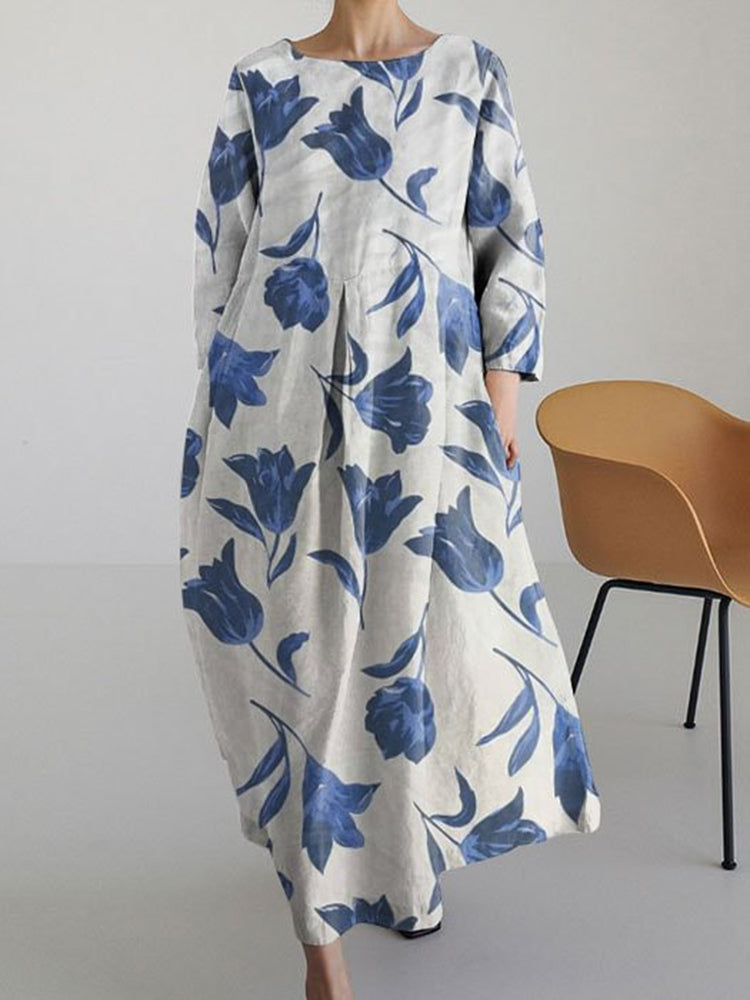 Vintage Floral Print Long Sleeve Loose Dress