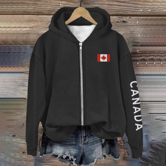 Women's Canadian Flag Print Casual Zip Hoodie elevenforest