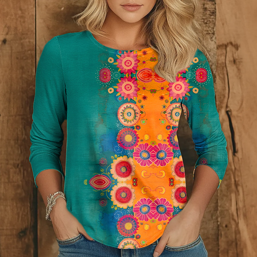Women's Vintage Floral Art Print Casual V-neck Long Sleeve T-shirt