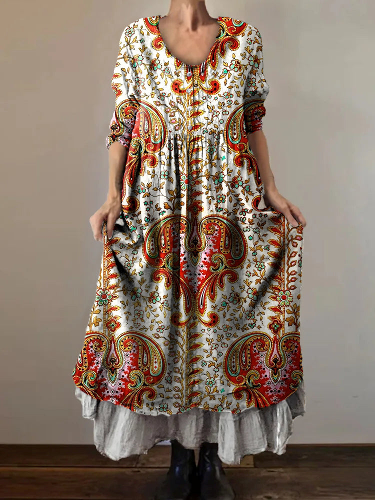 Women's Vintage Ethnic Floral Art Print V-Neck Button Pocket Cotton Dr
