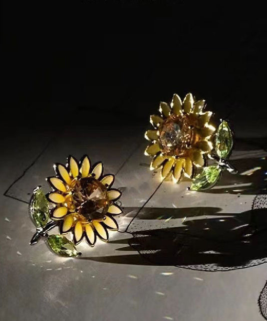 New Yellow Sterling Silver Overgild Zircon Enamel Sunflower Stud Earrings