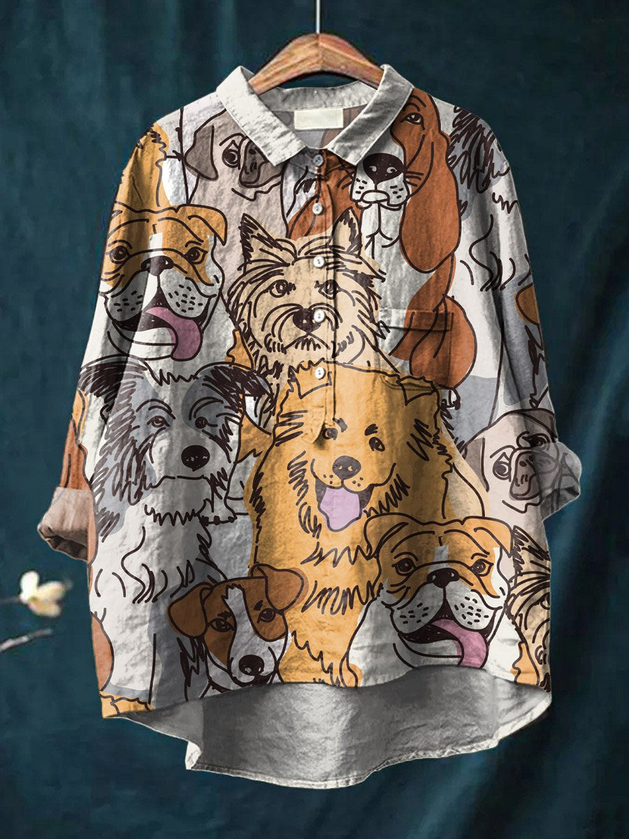 Vintage Lovely Dogs Art Print Casual Cotton And Linen Shirt
