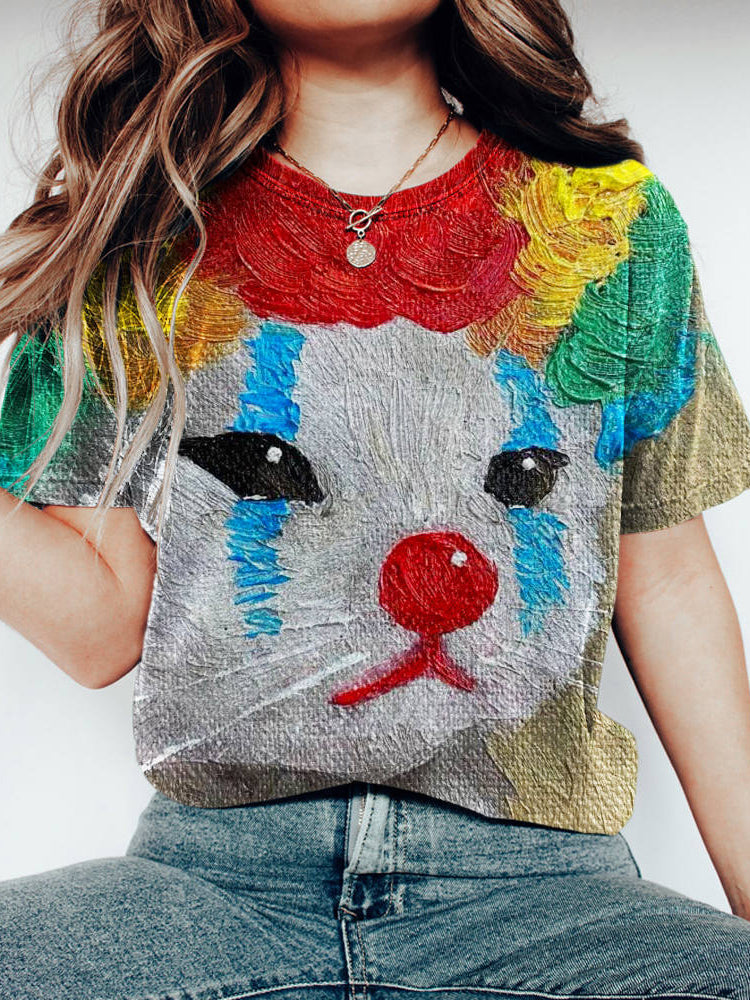 Vintage Clown Cat Print Women's Washed T-shirt artswardrobe