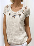 Cottage Forest Bird Floral Embroidered Linen Shirt artswardrobe