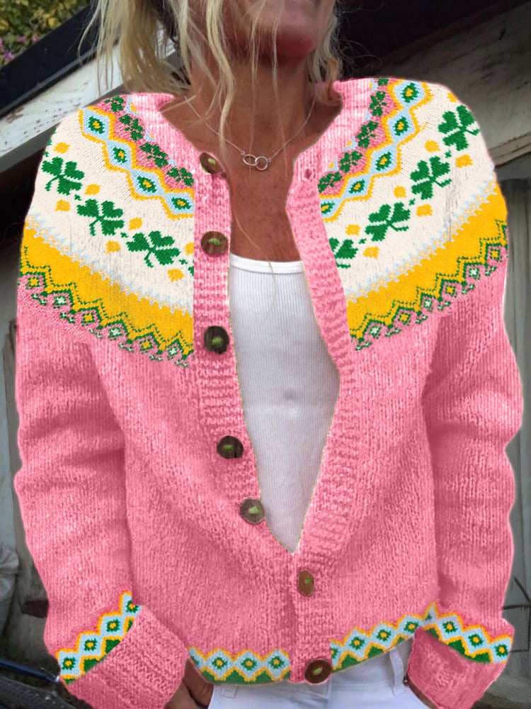 Shamrock Pattern Cozy Fair Isle Knit Cardigan artswardrobe
