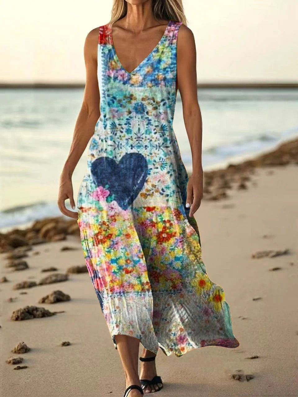 Women's Vintage Floral Patchwork Art Print Pocket Cotton Dress