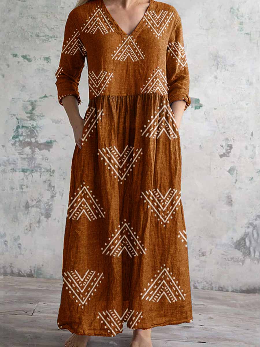 Women'S Artistic Geometric Pattern Cotton And Linen Dress