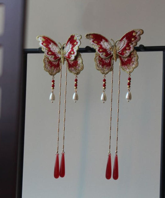 Original Red Sterling Silver Overgild Embroidery Butterfly Tassel Hairpin