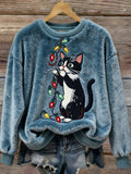 Comstylish Christmas Lights Cat Design Women's Flannel Sweatshirt