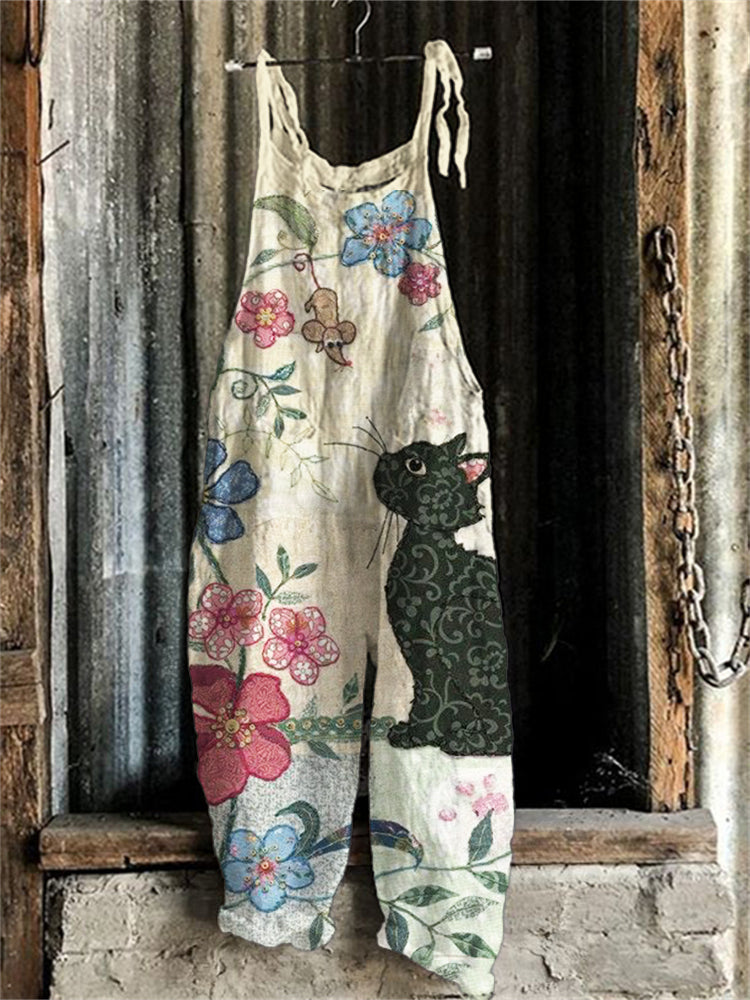 Cat In Nature Fiber Art Print Loose Jumpsuit elevenforest