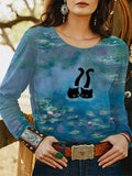 Women's Casual Japanese Art Funny Black Cat Print T-shirt elevenforest