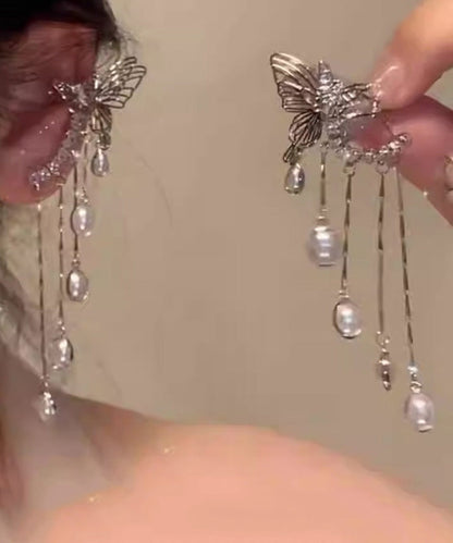 Silk Copper Zircon Pearl Butterfly Tassel Drop Earrings