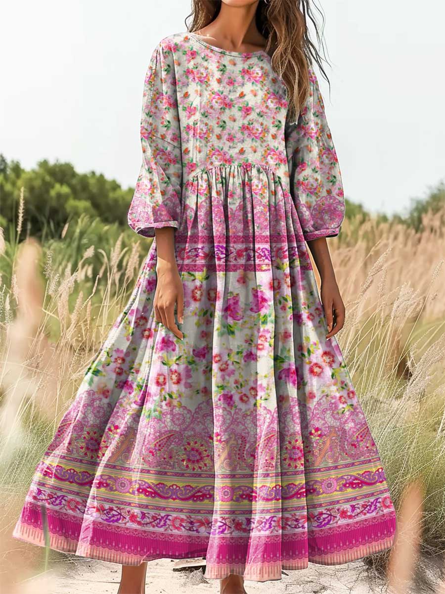Women's Floral Art Print Cotton Crew Neck Dress