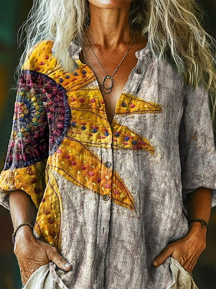 Women's Vintage Ethnic Sunflower Art Print Casual Cotton and Linen Shi