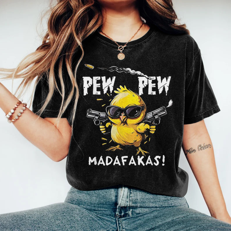 Comstylish Pew Pew Madafakas Print Crew Neck Short Sleeve T-shirt