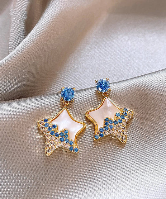 Diy Blue Copper Alloy Zircon Starfish Shell Drop Earrings