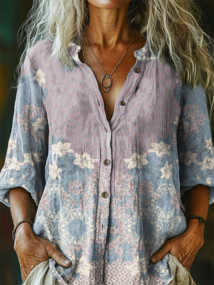 Women's Floral Pattern Art Print Casual Cotton Linen Shirt