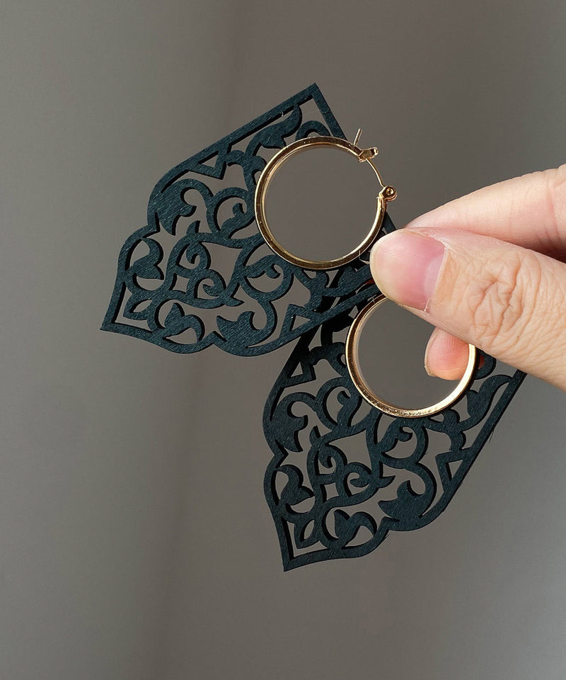 Black Wooden Hollow Out Hoop Earrings
