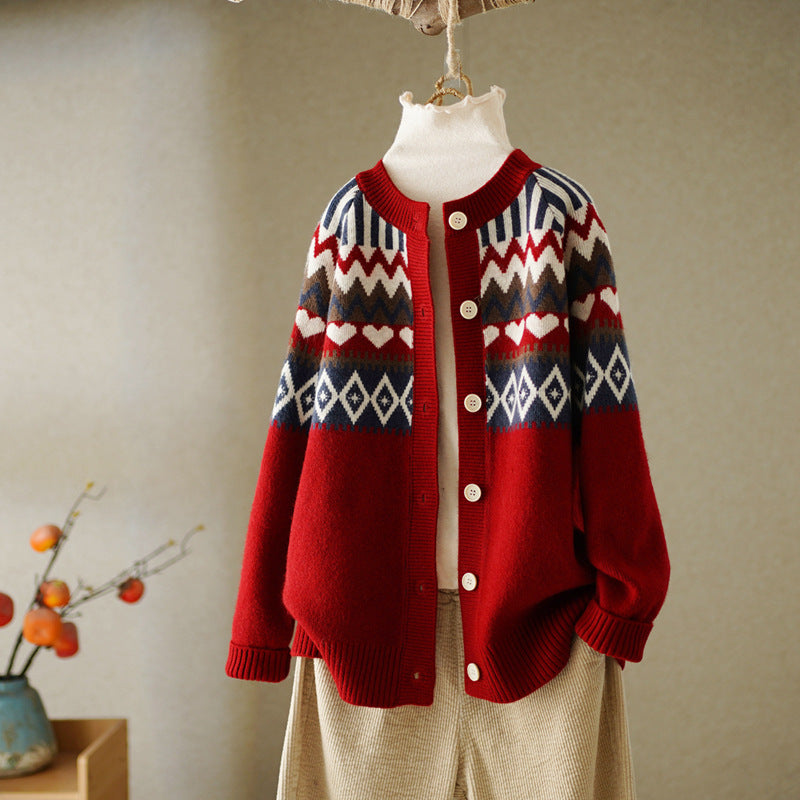 Vintage Geometric Jacquard Round Neck Button Sweater Cardigan elevenforest