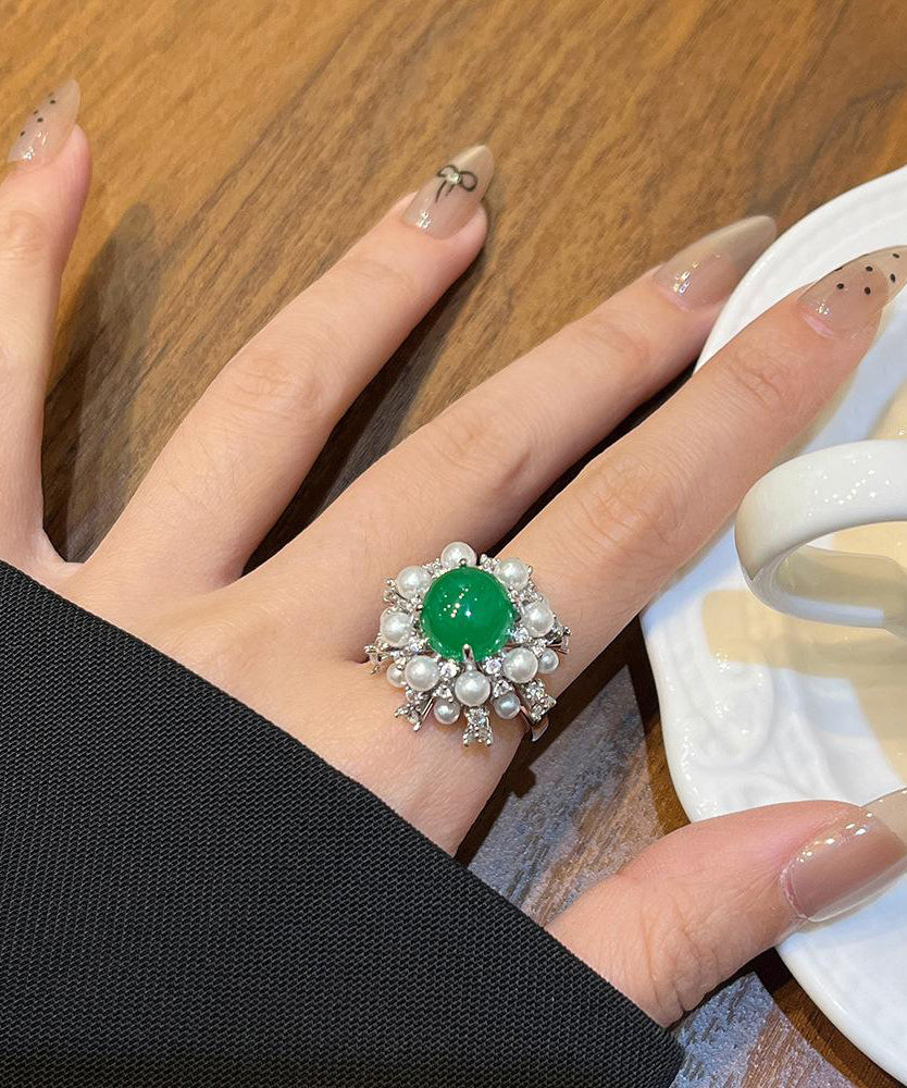 Fine Green Alloy Zircon Jade Pearl Rings