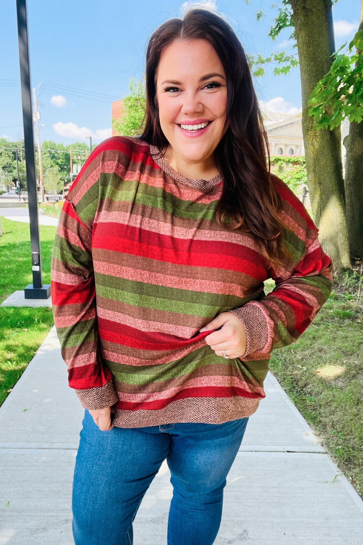 Marita® | Perfectly You Olive and mauve striped two-tone tie-neck sweater top