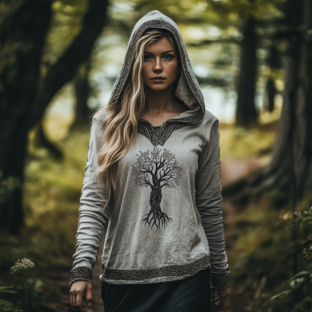 Comstylish Women's Viking Tree Of Life Jacquard Celtic Knot Linen Hooded Shirt
