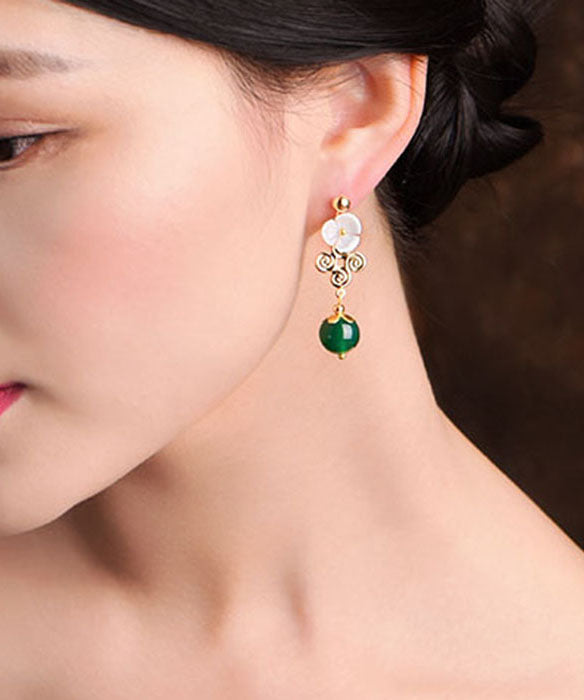 Green Agate White Shellfish Flower14k Gold Drop Earrings