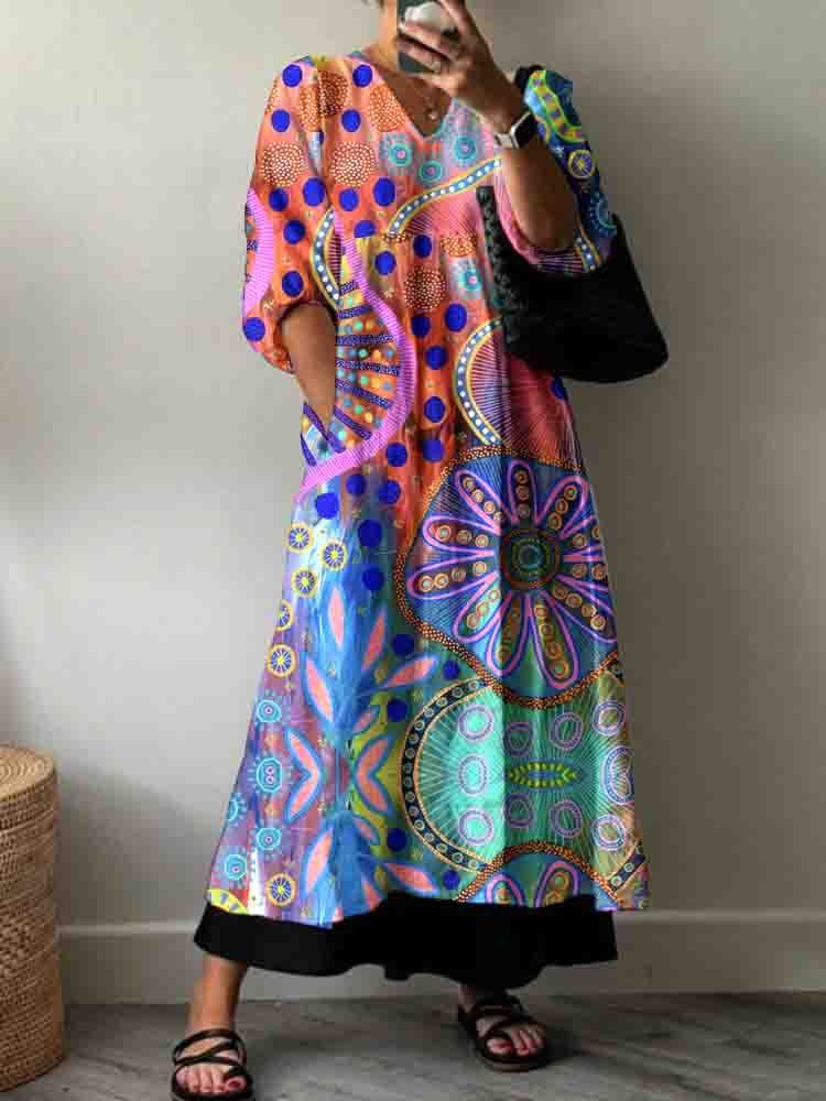Women's Artistic Flower Color Block Pattern Cotton Dress
