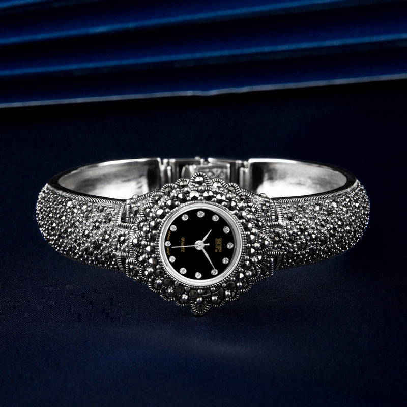 Black Sterling Silver Zircon Metal Organic Glass Wrist Watch