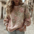 Comstylish Women's Retro Pink Floral Art Cozy Crew Neck Sweatshirt
