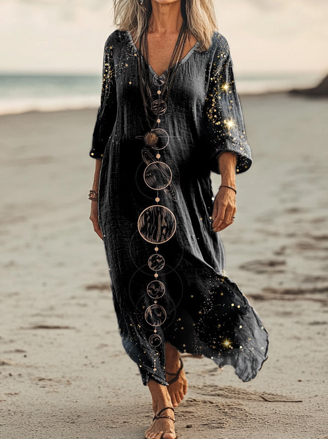 Women's Planet Pattern Art Print Pocket Cotton Dress