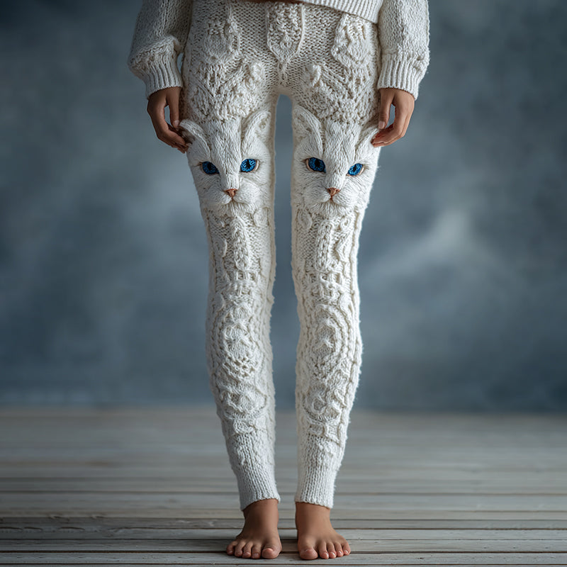 Women's Cute Cat Face Embroidered Gradient Cozy Leggings elevenforest