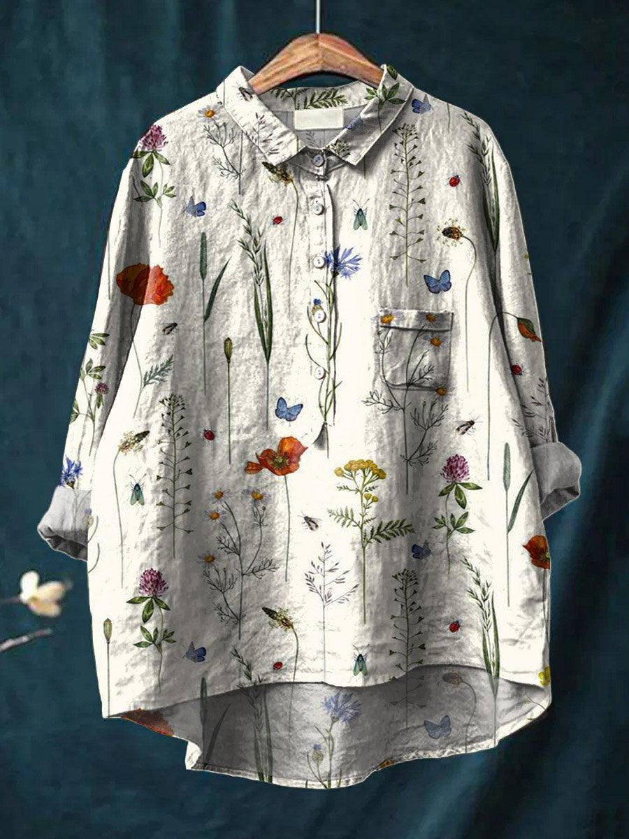 Women's Vintage Lovely Floral Art Print Casual Cotton And Linen Shirt