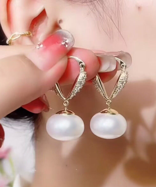 White Copper Overgild Pearl Love Zircon Drop Earrings