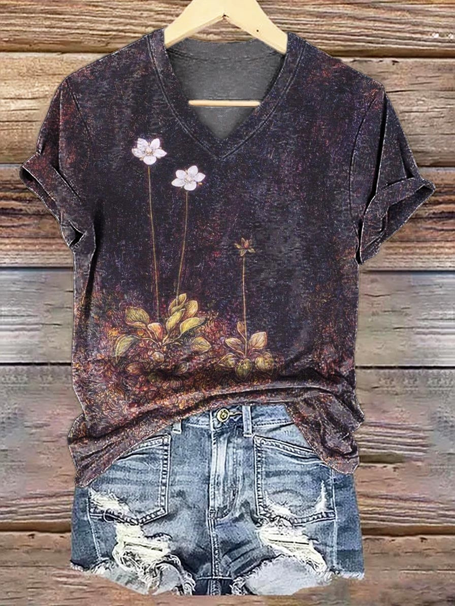 Women's Vintage Floral Print V-Neck Comfort Cotton T-Shirt