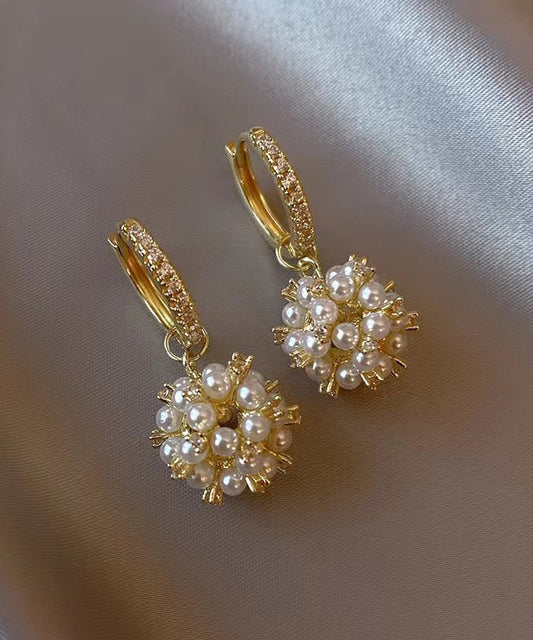 Gold Metal Overgild Pearl Zircon Ball Drop Earrings