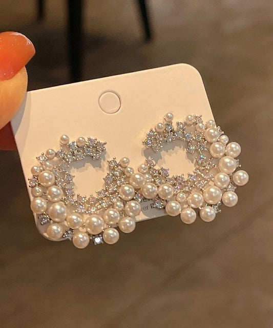 White Sterling Silver Alloy Zircon Pearl Hoop Earrings