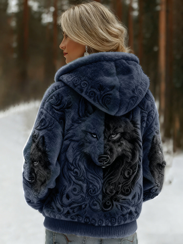 Comstylish Women's Viking Wolf Art Knit Cozy Flannel Hooded