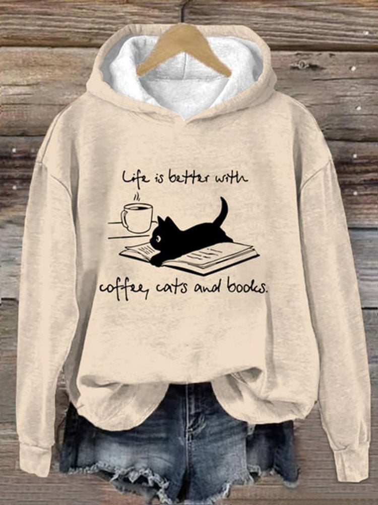 Life Is Better With Coffee Cats And Books Print Casual Hoodie elevenforest