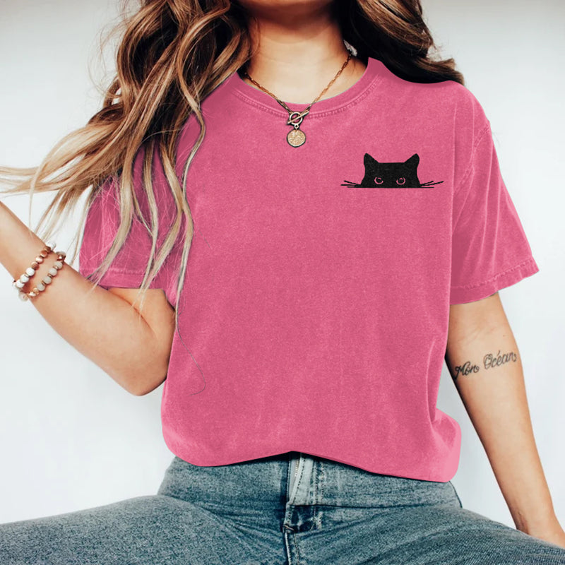 Abstract Creative Embroidered Black Cat Art Print  T-shirt elevenforest
