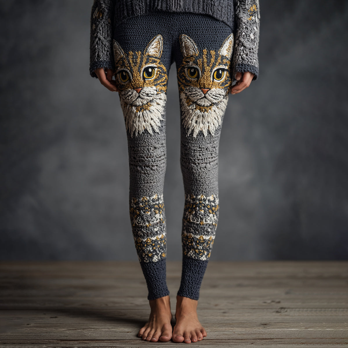 Women's Cute Cat Face Embroidered Art Cozy Knit Leggings elevenforest