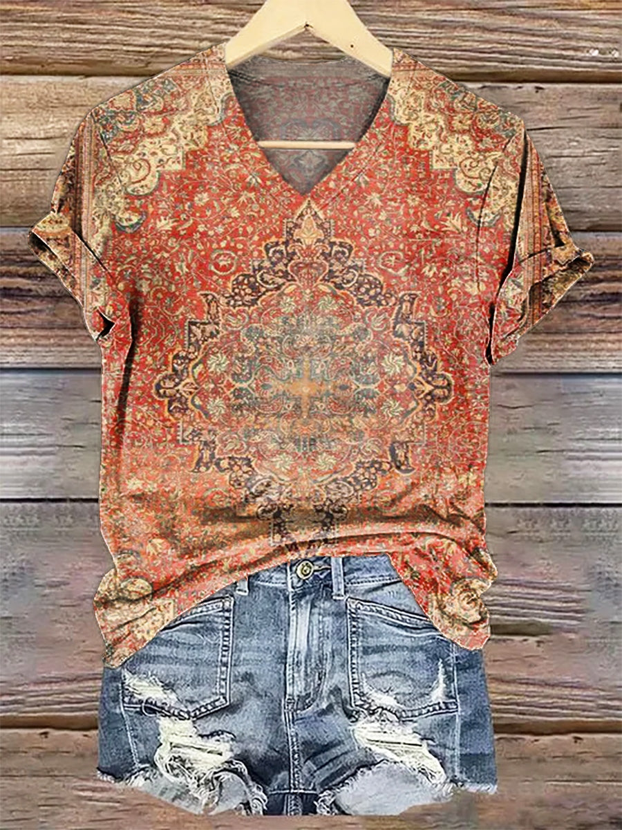 Women's Retro Ethnic Totem Print V-neck Casual T-Shirt