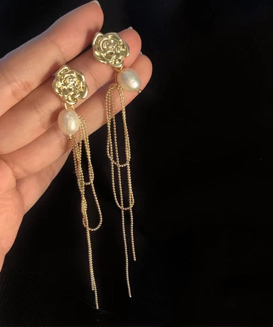 Gold Overgild Pearl Long Tassel Drop Earrings