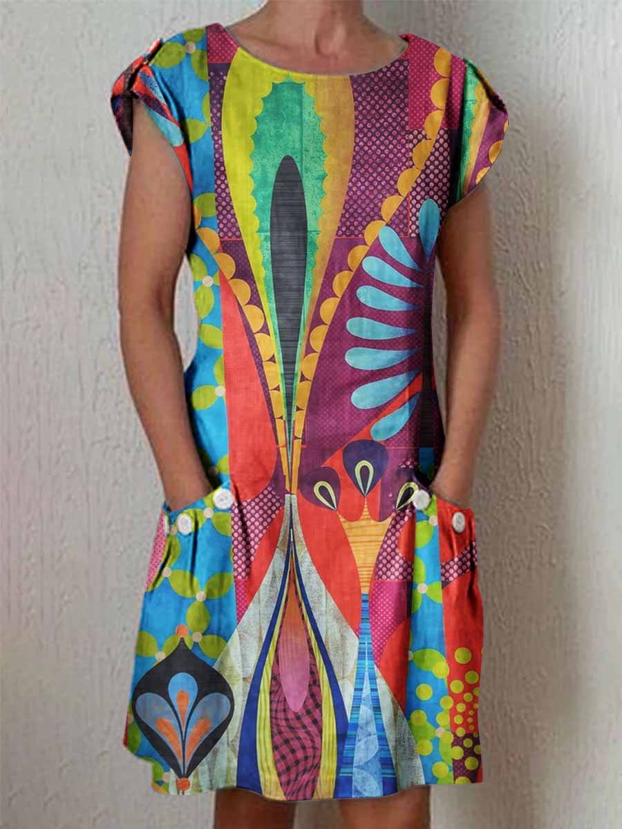 Women's Classic Kantha Vintage Floral Pattern Dress with Pockets