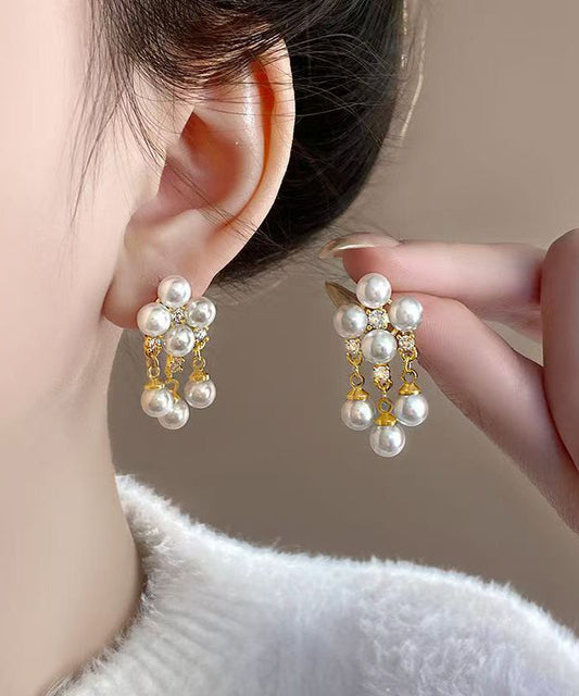 White Copper Alloy Zircon Pearl Tassel Drop Earrings