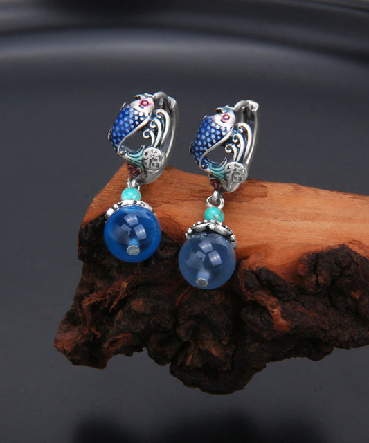 Blue Sterling Silver Cloisonne a Fish Leaping Over the Dragon Gate Drop Earrings
