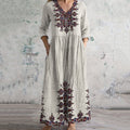 Vintage Cretan Pattern V-neck Linen Blend Midi Dress artswardrobe