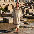 Vintage Classic Greek Key Crew Neck Cotton Blend Mixi Dress artswardrobe